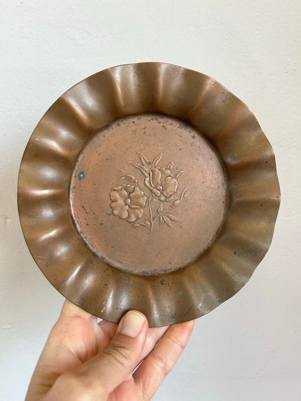 Vintage Copper Scalloped Dish Embossed Floral Poppy Design Trinket Tray